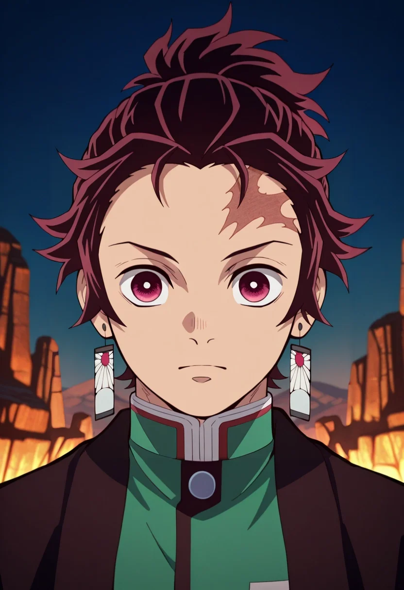 masterpiece, best quality, intricate details, (photorealistic:0.6), , , 1boy, solo, male focus, <lora:tanjirou_kamado_ilxl:0.98>, tanjirou_kamado, 1boy, red hair, red eyes, short hair, scar on forehead, ponytail, Crystal Canyon Moon,