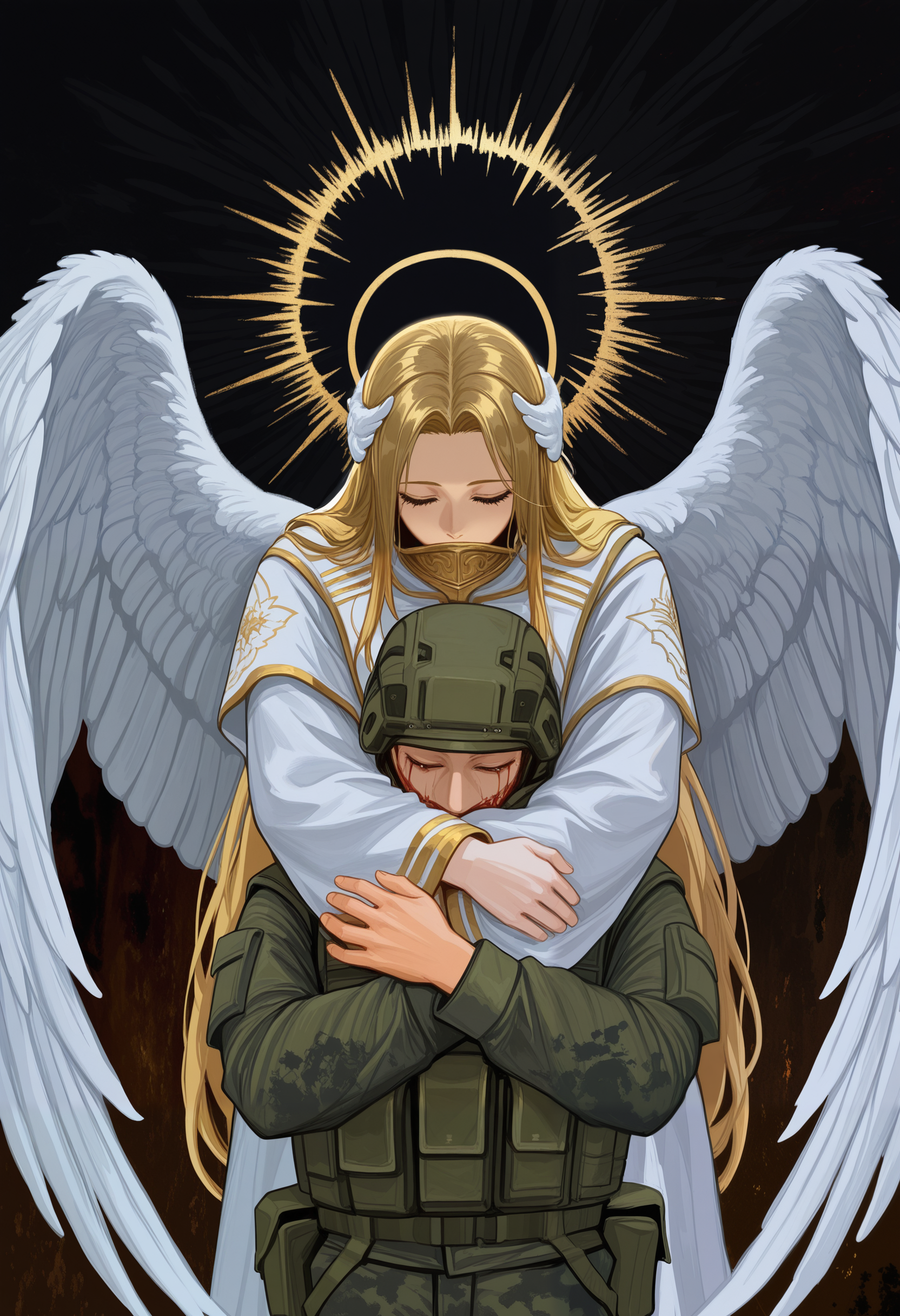 very aestetic, pt1chn1k, abstract background BREAK 1boy, cowboy shot, buletproof vest, mask, helmet, military, head down, camouflage  BREAK  1girl, robe, angel, golden hair, bloody tears, hugging from behind, halo, wings, closed eyes,