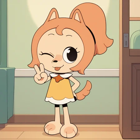 <lora:lala_kunshikter:1> score_9, score_8_up, score_7_up, BREAK, lala_kunshikter, dog girl, 1girl, furry female, animal ears, dog tail, black eyes, barefoot, ponytail, looking at viewer, standing, full body, tongue out, collared dress, v, wink, indoors