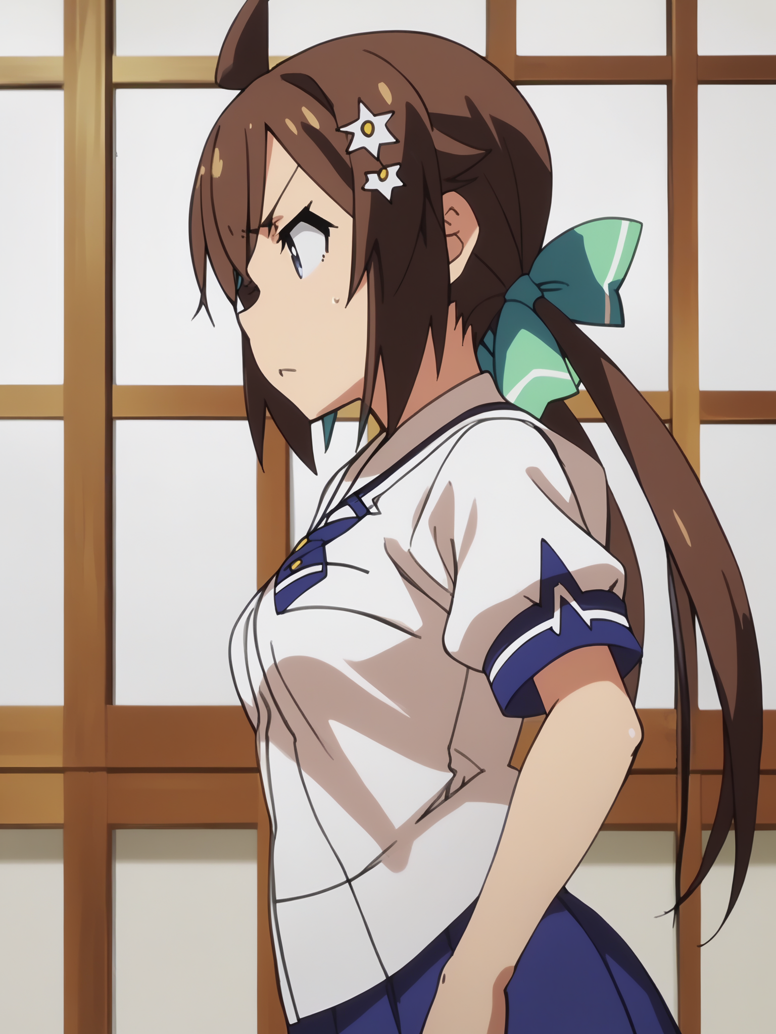 <lora:happy_tentacle-koinaka-mio-v0.1-000030:0.8>, ht_koinaka_mio, school uniform, short sleeves, white shirt, white thighhighs, blue skirt, pleated skirt, zettai ryouiki, school , 1girl, solo, upper body , jitome , annoyed , , , , from side , score_9, score_8_up, score_7_up, score_6_up, score_5_up, score_4_up
