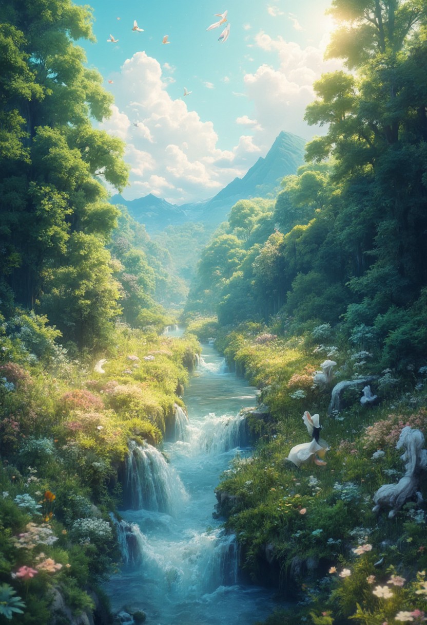 ( Soft colors and dreamy  spring morning landscape), spring in the forest, A narrow river, Butterflies flying, beautiful view, full of beautiful flowers, sunrise sky, beautiful clouds, dappled sunlight, 
A wonderful waka-like landscape, 
I can see the mountains in the distance, 
depth of field, masterpiece, best quality, ultra-detailed, very aesthetic, illustration, perfect composition, intricate details, absurdres, moody lighting, wisps of light, no humans,