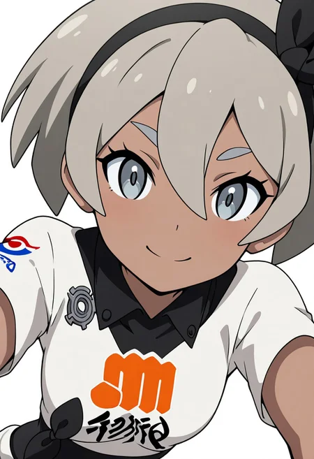 masterpiece, best quality, solo, curvy, beautiful eyes, girl, solo, smile, looking at viewer, dynamic pose, from below, (fisheye), foreshortening, close up, (leaning forward, eye focus, anime screenshot,
(upper body), white background,
zzBea, grey eyes, grey hair, short hair, hair between eyes, black hairband, dark skin, crop top, print shirt, bodysuit,