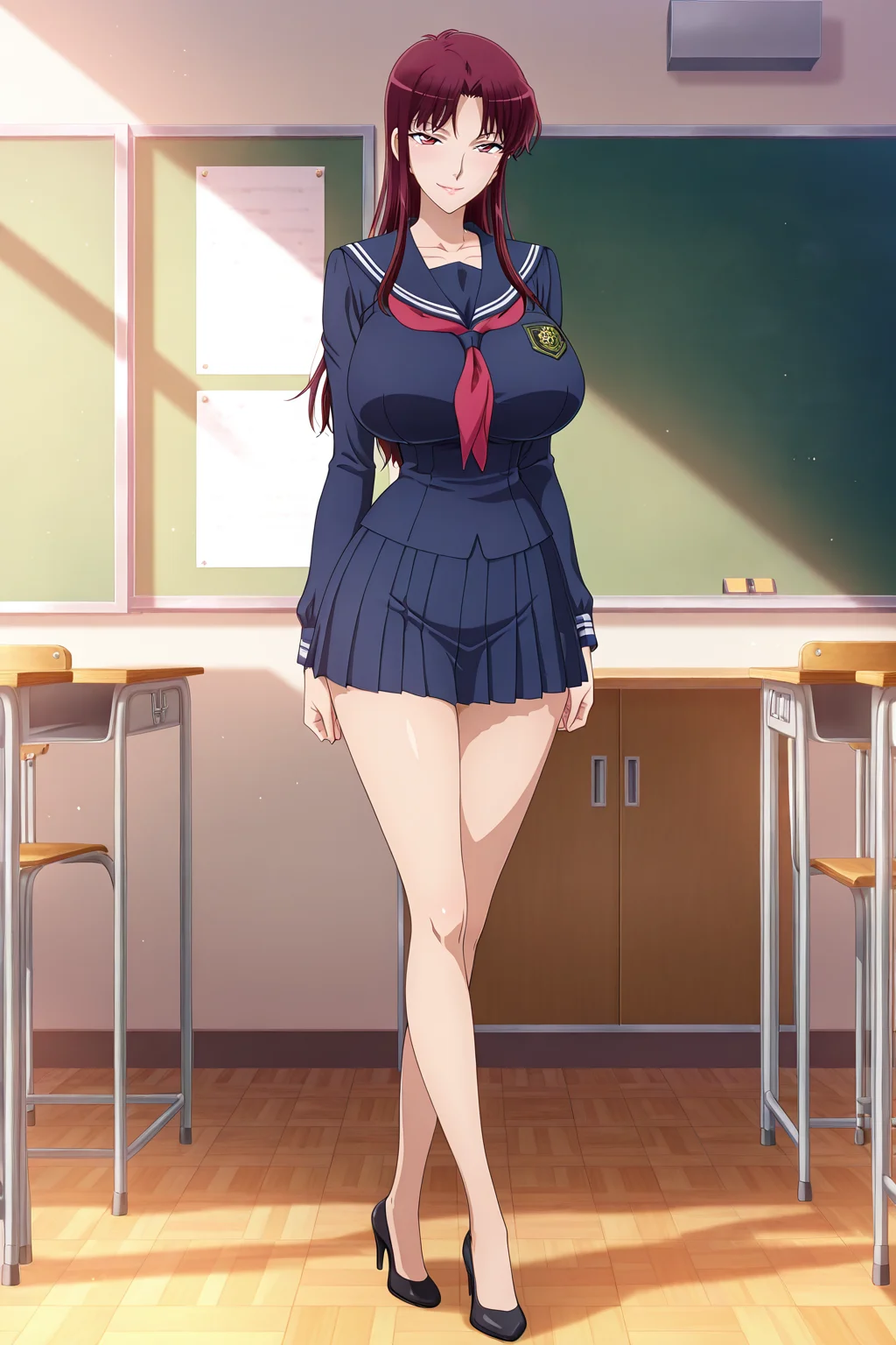 front view,
1girl,mature female,milf,huge breasts,narrow waist,wide hips,looking at viewer,full body,standing,high heels,seductive smile,long legs,slim legs,miniskirt,classroom,
Best quality,masterpiece,soft light,official art,high quality,highres,absurdres,epic scene,natural textures,<lora:Koizumi Akako IL:1>,koizumi akako,long hair,dark red hair,red eyes,school uniform,dark blue uniform,