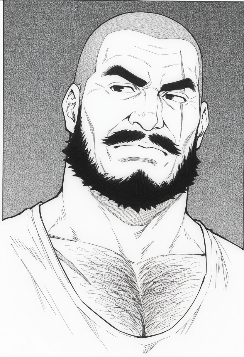 1boy, portrait, monochrome, traditional media, greyscale, dutch angle, looking to the side, serious, head tilt, dutch angle,
BREAK
<lora:Military_Policeman_from_Hikokumin_by_Gengoroh_Tagame_v0.1:1> thick mustache, thick beard, full beard, scar on face, scar across eye, 
kenpei, old man, buzz cut, thick eyebrows, chest hair, scar on chest, plump, 
BREAK
abstract background, 
BREAK
best quality, masterpiece, very aesthetic, absurdres, highest detailed