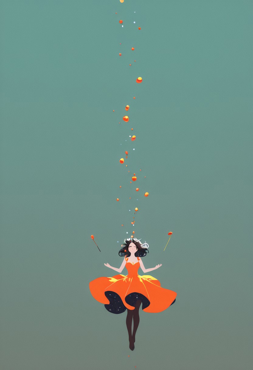1girl, fantastical dress, floating, underwater, making music, inverted background, (flat lighting, flat color, flat design, no lineart:1), spot color, triadic colors, film grain, local color adaption, neon, pearlescent, masterpiece, best quality, amazing quality, very aesthetic, absurdres, newest,