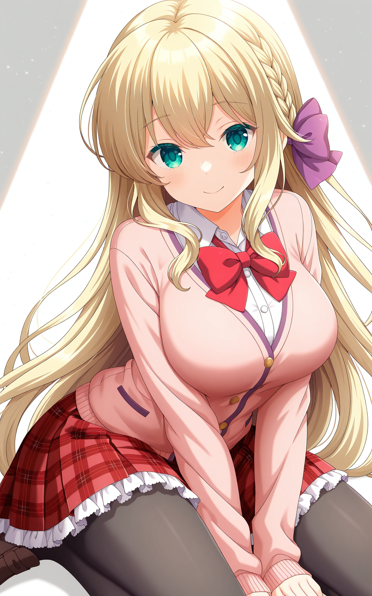 masterpiece, best quality, good quality, newest,4k, perfect lighting, cinematic, very aesthetic, official art, anime screencap, anime coloring,(((white background, simple background))),
1girl, solo, mochizuki erena,(blonde hair:1.2),brown hair,long hair,braid,hair bow,wearing hair bow only on the side,green eyes,large breasts,
seio school uniform,pink cardigan,red bowtie,red skirt,plaid skirt,frilled skirt,miniskirt,pantyhose,panties under pantyhose,shoes,
facing viewer,looking at viewer,smile,arms between legs,sleeves past wrists,BREAK
<lora:ILerena:0.9>
