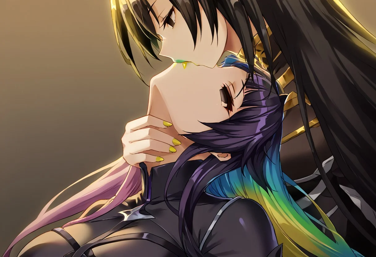 anime, two females, empty eyes, hypnotized, expressionless, blank expression, lipstick, eye shadow, red lipstick, yellow lipstick, green lipstick, blue lipstick, purple lipstick, black lipstick, long hair, colorful hair, kiss, arched back, sex from behind