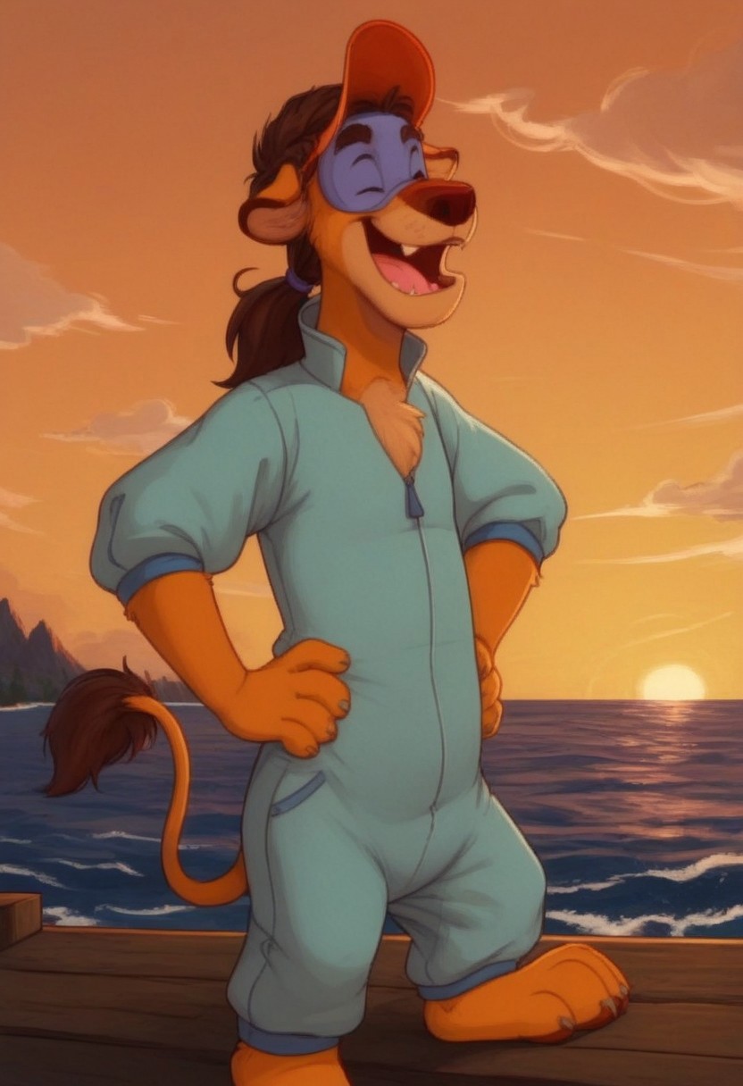 score_7, score_8, score_9, dynamic lighting, detailed background, background is ship dock, dock, (stacked crates), ((ocean)), boats, mountains in distance, ((outdoors)), clouds, sunny, (close up), cowboy shot,
BREAK 
Solo, 1boy, ((anthropomorphic)), furry male, Wildcat, yellow fur, two tone fur, brown hair, hair in ponytail, animal nose, black eyes, slender, animal ears, yellow ears, (yellow tail), feet claws, snaggle tooth, ((mask)), fluffy fur, fluffy eyebrows, (fang), chest fur tuft,
BREAK 
standing, eyes closed, ((laughing)), jumpsuit, hat, hands on hips,