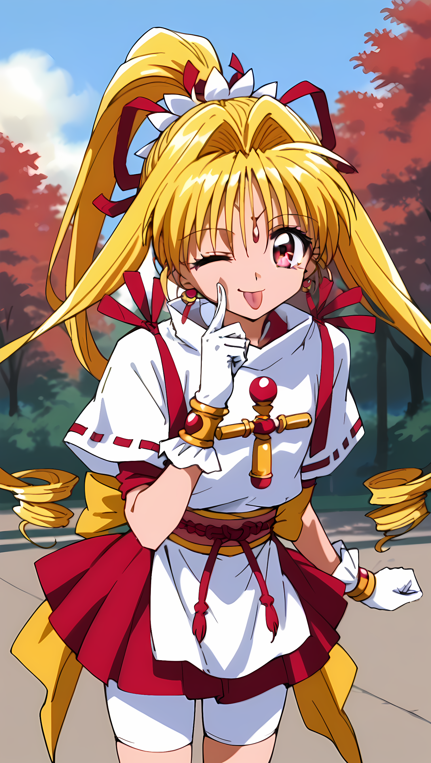 8k, best quality, solo, cute, score_9, score_8_up, score_7_up, 90s anime, KKJs2, source_anime, 1girl, purple eyes, blonde hair, very long hair, two high twintails, one high ponytail, drill hair, red hair ribbon, white decoration, earrings, white top, folded standing collar, white collar, red accents, short sleeves, short red inner sleeves, exposed lower arms, shoulder decorations, red decorations, cross ornament, gold bracelet, white gloves, red and yellow sash, red rope, tassels, large yellow bow, layered skirt, red skirt, white apron, white bike shorts, bare thighs, white boots, red ribbons, finger at cheeks, blinking eyes, tongue out, sunset, theme park, bent forward