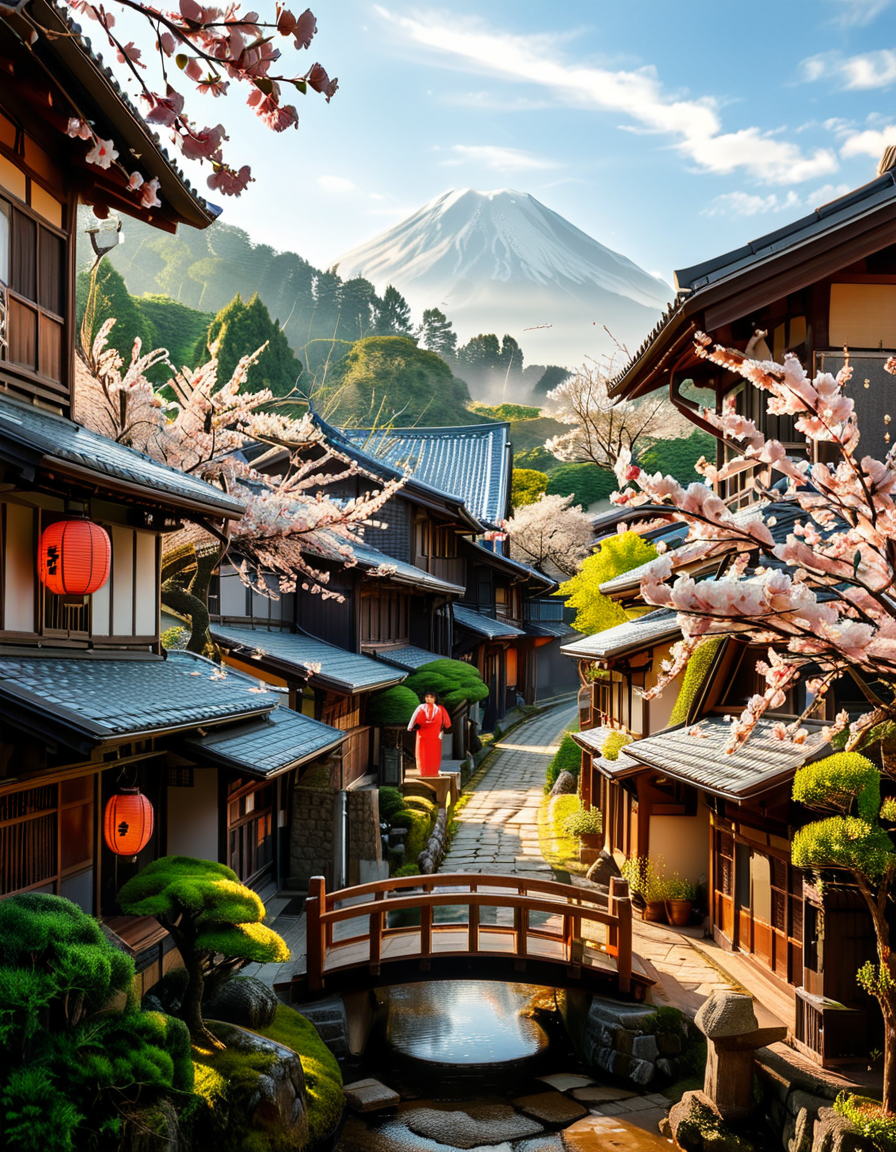 A picturesque traditional Japanese village nestled in a serene valley, surrounded by lush green mountains under a soft morning mist. The village consists of wooden houses with thatched roofs (gassho-zukuri style), showcasing intricate wooden details and sliding paper doors. A narrow stone-paved path winds through the village, leading to a small red torii gate at the entrance of a Shinto shrine. Cherry blossoms in full bloom line the streets, their pink petals gently falling in the breeze. A tranquil river flows through the village, crossed by an old wooden bridge with moss-covered stones. Villagers in traditional kimonos and straw hats go about their daily livesâan elderly man sweeping his porch, a woman carrying a basket of fresh produce, and children playing near a koi pond. The atmosphere is peaceful and nostalgic, with warm sunlight filtering through the trees, casting dappled shadows on the ground. The scene is rich in traditional Japanese aesthetics, evoking a sense of harmony and timeless beauty.
<lora:SDXLFaeTastic2400:0.4> <lora:extremely_detailed:0.4> extremely detailed,<lora:traditional_Japanese_v1ll4g3:1>,traditional Japanese v1ll4g3, Masterpiece,best quality,hi res,8k,hi res,8k,award winning,(sharp focus, intricate, highly detailed),