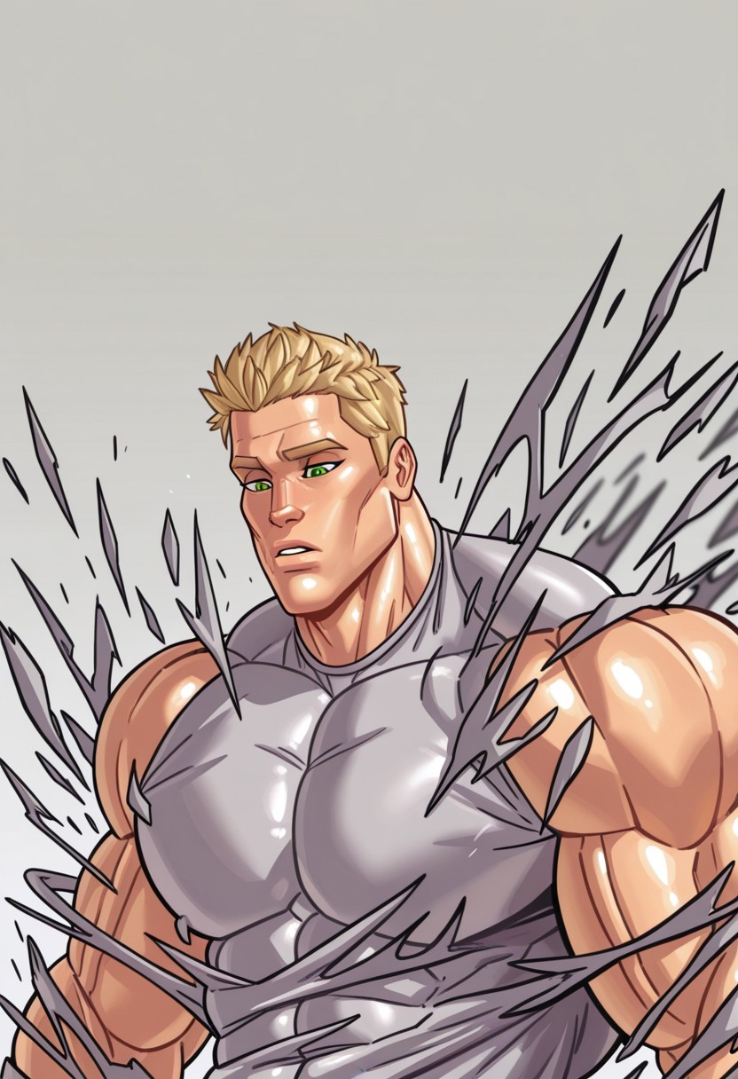d4rgod3n, 
1boy, simple background, grey background, blonde hair, green eyes, huge muscular male, gasping, exploding clothes, partially covered skin, 
blurry background, detailed foreground, dynamic posing,  close up,