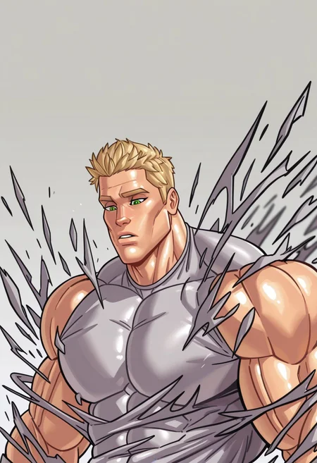 d4rgod3n,
1boy, simple background, grey background, blonde hair, green eyes, huge muscular male, gasping, exploding clothes, partially covered skin,
blurry background, detailed foreground, dynamic posing, close up,