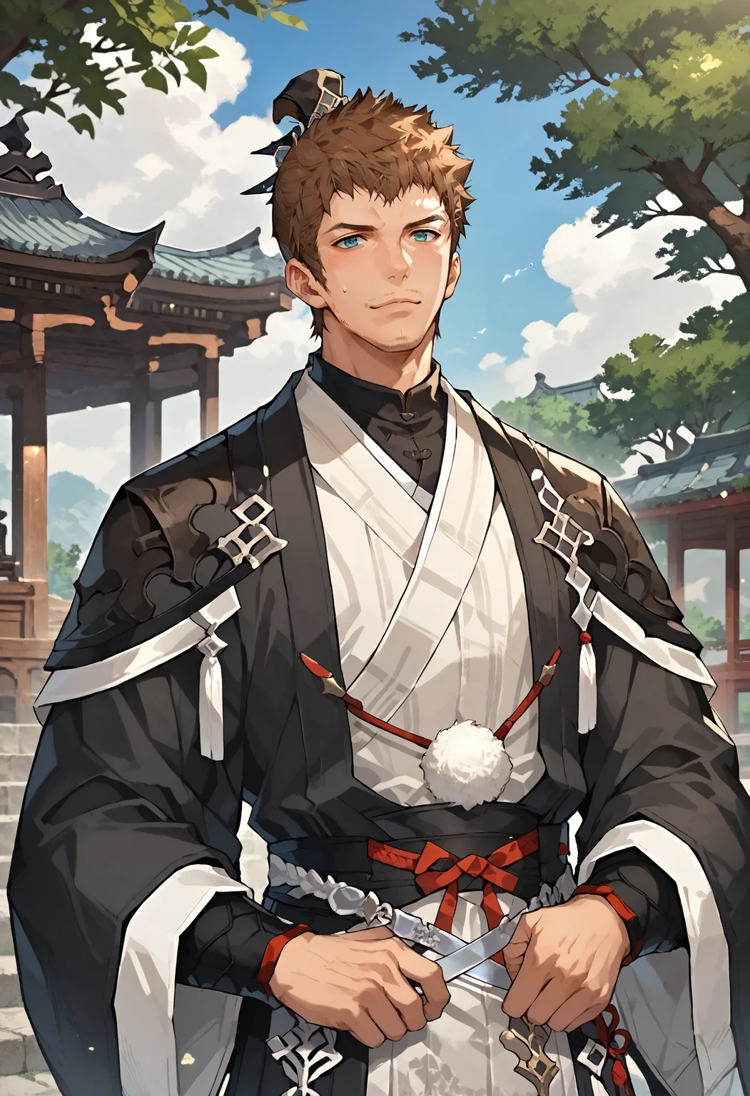 score_9, score_8_up, score_7_up, uncensored, solo, 1boy,
<lora:FFXIV_-_Ardbert_-_Pony:0.8> ardbert_ffxiv, mature male,
<lora:ç·å£«æ±æ-Mens_Hanfu:0.6> hanfu, chinese clothes,
<lora:CartoonStyle:0.5>, <lora:gentarou:0.5> gentarou, <lora:AHR:0.3> AHR, <lora:artbyl2:0.1> art byl, <lora:add-detail-xl:1>, <lora:xl_more_art-full_v1:0.2>,
best quality, amazing quality, best aesthetic, absurdres