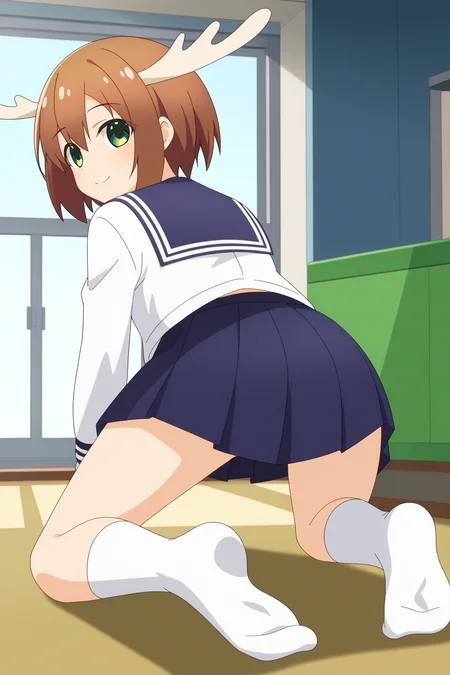 1girl, solo, <lora:Shikanoko Noko _ Pony _ v1:1>, antlers, brown hair, short hair, green eyes,
blue sailor collar, white shirt, school uniform, long sleeves, pleated skirt, blue skirt, kneehighs, white socks,
looking at viewer, from behind, looking back, kneeling, :3, full body, indoors,