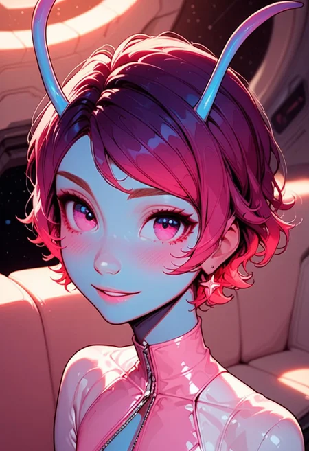 1boy,
zazo_style, masterpiece, best quality, highly detailed, score_9, score_8_up, score_7_up, source_cartoon, eye_focus, close-up, solo, looking_at_viewer,
otoko no ko, 18 years old, (tiny breasts), (petite body), cute, pretty kawaii femboy, (short), ((blue skin)), (blue antennae), pink eyes, pink hair, shoulder-length hair, perfect figure, light_pink latex, pink latex pencil dress, (cutout dress, circular cutouts), back zipper, high heels, white thighhighs, garter straps, thick thighs, wide hips,
seductive smile,
spacecraft, spacecraft interior, view of space, stars,
dynamic light, blue light, vibrant colors cool_colors, soft focus, high contrast, textured surfaces, depth of field, dramatic shadows, rich details, cinematic composition