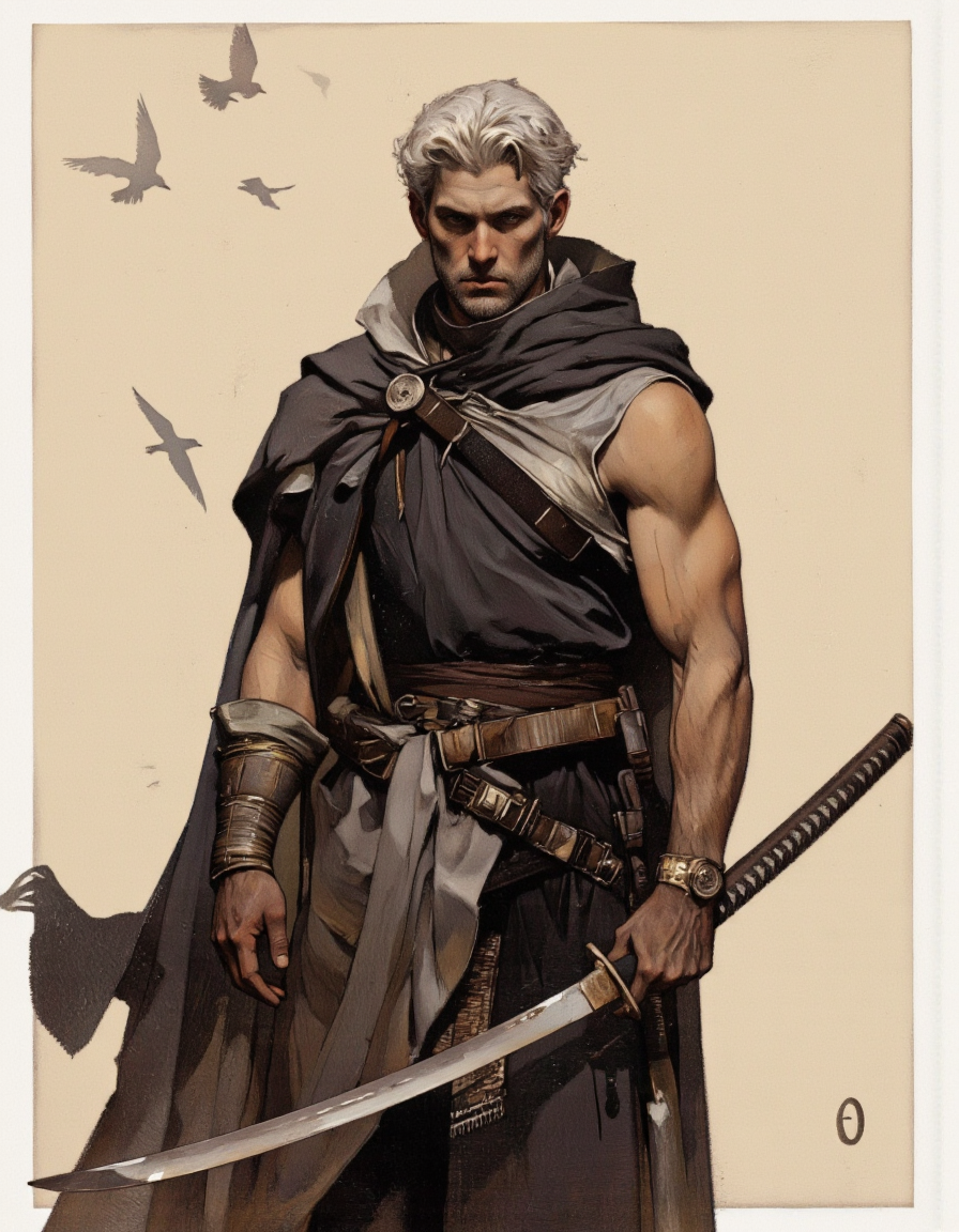 Art by Jeffrey Catherine Jones. A realistic digital painting of a muscular, white-haired man standing confidently in the middle of the image, wearing a black, sleeveless cloak and holding a katana in both hands. the man appears to be in his mid-twenties, with a serious expression on his face. he is standing in a plain, beige background with a few birds flying in the distance, adding a sense of movement to the scene. the artwork is signed "e" in the bottom right corner, indicating that it is an artist's signature.