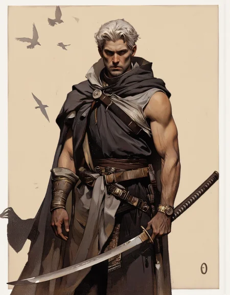 Art by Jeffrey Catherine Jones. A realistic digital painting of a muscular, white-haired man standing confidently in the middle of the image, wearing a black, sleeveless cloak and holding a katana in both hands. the man appears to be in his mid-twenties, with a serious expression on his face. he is standing in a plain, beige background with a few birds flying in the distance, adding a sense of movement to the scene. the artwork is signed "e" in the bottom right corner, indicating that it is an artist's signature.
