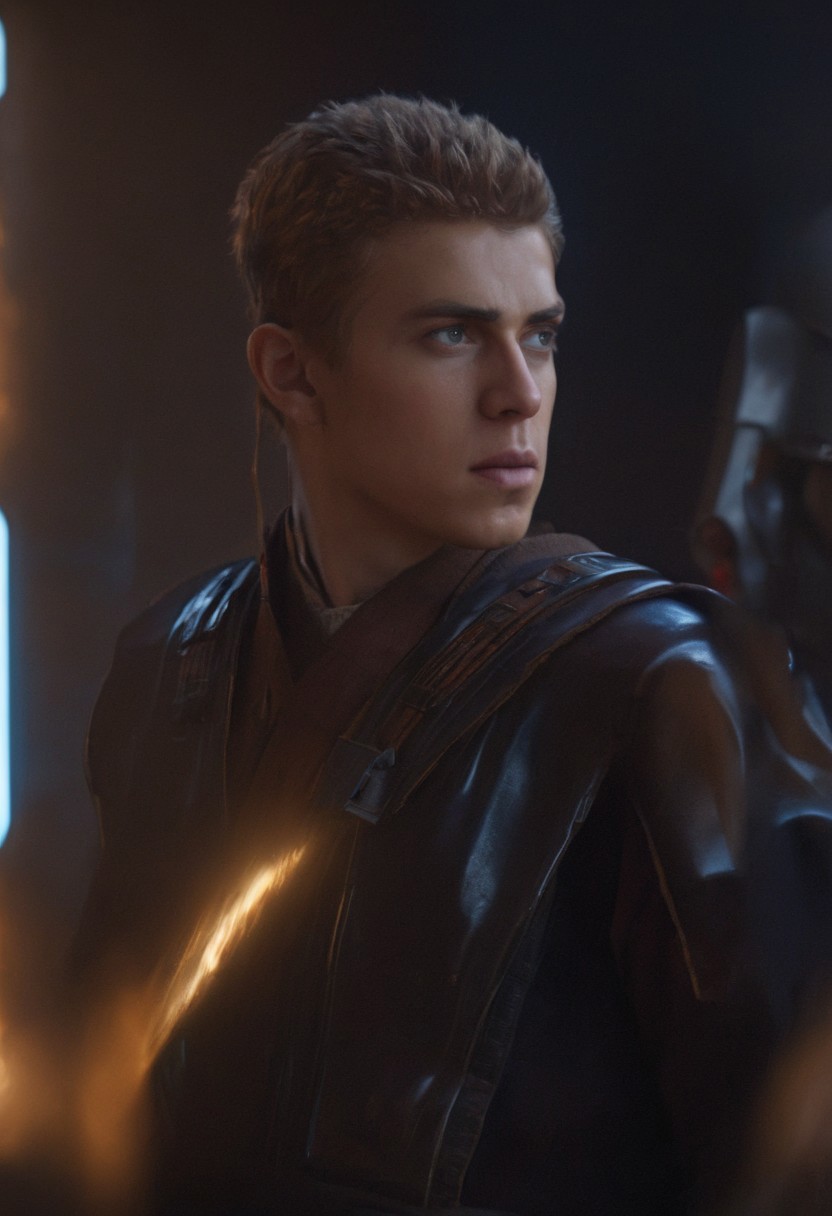 (three-quarter view:1.5) (close-up:0.5) shot of <lora:Anakin_Padawan_Jedi:0.8> Anakin Padawan Jedi is wearing a jedi outfit and holding lightsaber, (((dynamic action pose))), (((engaged in battle with stormtroopers))), 8k uhd, dslr, soft lighting, high quality, background of black sci-fi spaceship corridor, intricate details, masterpiece, trending on artstation, realistic, Cinematic, epic, action packed, incredibly detailed and realistic, magnificent, vignette, high budget, bokeh, moody, sharp, highly detailed, concept art, realistic hands, dynamic pose, dynamic shotfantastic location, majestic cluttered environment, 8k unity render, action shot, skin pores, detailed, detailed face, (vibrant, photorealistic, realistic, dramatic, dark, sharp focus, 8k), (weathered damaged old worn leather outfit:1.5), (intricate:1.5), (highly detailed:1.4), octane render, sharp focus, art by artgerm, (loish:0.23) , wlop ilya kuvshinov, and greg rutkowski and alphonse mucha gracias, (global illumination, studio light, volumetric light),  <lora:Perfect Hands:0.8> Perfect Hands, cybrk