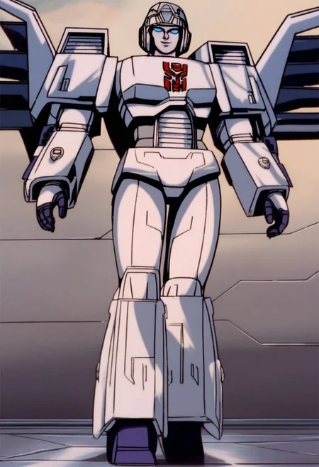 score_9, score_8_up, score_7_up, animation, transformers, 1girl, robot, Decepticon, Tall, slim, Seeker, Starscream glowing eyes, blue eyes, large eyes, circular eyes, white armour, forward long jet swept wings, transforms into futuristic Stealth Mig Fighter Jet, full body, cowboy shot, smiling, holding null ray blasters, Decepticon Symbol (purple), long skirt armour (straight), head crown,
 <lora:StarScream1.2:1>