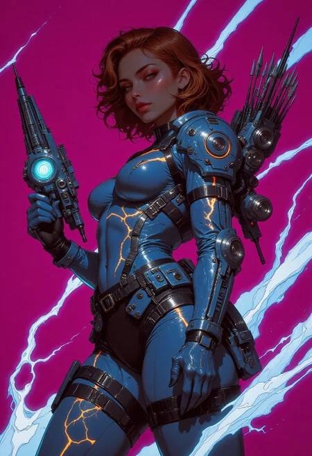 This digital illustration in a modern anime style showcases a fierce female character with a lean, athletic build and deep bronze skin. Her voluminous, shoulder-length crimson hair is styled in messy layers, framing her confident, determined expression. She wears a sleek, sky-blue tactical bodysuit with reinforced plating on the shoulders and arms, giving her a high-tech, combat-ready appearance. The form-fitting suit has neon-orange seams that glow faintly, emphasizing its futuristic design. She pairs it with jet-black utility shorts and thigh-high armored boots with intricate lacing and metallic plating.
She grips a compact, high-tech energy bow in one hand, its body made of a translucent, glowing cyan material, crackling with electric currents as if charged for battle. A matching quiver of neon-tipped arrows is slung across her back. The background is a bold, deep magenta, with sharp angular streaks of white light cutting through, creating a visually striking contrast that enhances her bold cyber-warrior aesthetic.