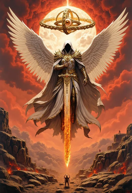 Oil painting of a seraphim. An imposing hooded figure with hidden face and angelic presence. He wears glistening what robes and fantastic armor of silver and gold. Above his head floating like a halo is an Ophanim, wheel-like creature, floating, symmetrical wheels, 4wheels. The seraphim wields a single large flaming sword, and descends to the battlefield on huge white wings, the battlefield is a desolate wasteland with cracked earth, red sky, and hordes of demons, hkstyle