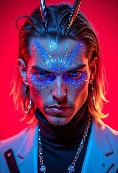 A 45-degree top-view portrait in **niji_flux** and **cyberpunk** style, featuring a tall adult boy with shoulder-length hair parted from the middle. His entire face is intricately drawn using vibrant dots and lines, creating a surreal and mesmerizing look. Neon blue dots outline his jawline and cheekbones, giving a glowing, structured effect. Light blue and teal lines trace the contours of his nose and forehead, creating a sleek, futuristic highlight. His lips are formed using shades of deep red and orange dots, while brown and black lines define his eyebrows and add depth to the areas around his eyes, giving him a sharp, intense gaze. He wears a pointy spike platinum chrome crown that sparkles with a bright highlight effect. Dressed in a white suit and turtleneck, a platinum necklace chain rests on his chest. His **Detailed hand, Hand, Perfect hand** is shown in an elegant pose near his chest. The glowing red background, with a soft blue tint from the backlight, enhances the surreal and futuristic atmosphere.