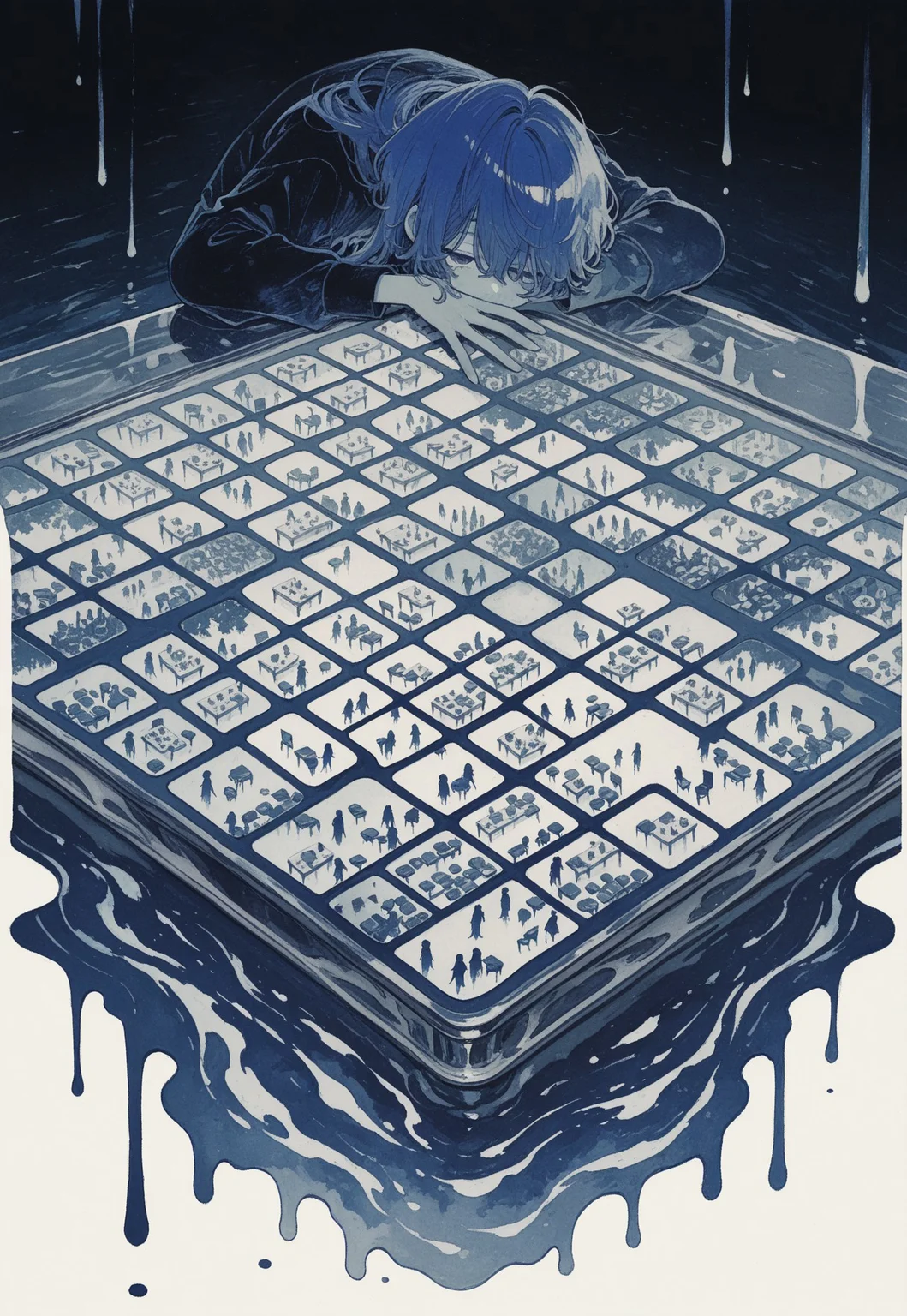 asa_no_ha_theme, ultraviolet, high contrast, (melting border, blending border, border blending), (silhouette), double_exposure, [loaded_interior],
androgynous, solo, sleepy, lying, on table, (when_you_see_it:1.5), ((too many tables, stacked tables)), glass floor, reflections,
[top-down_bottom-up], watercolor,
k4_illu, traditional media, scan, painting \(medium\), abstract,
masterpiece, best quality, absurdres, [dynamic pose]