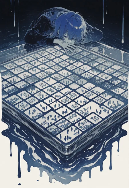 asa_no_ha_theme, ultraviolet, high contrast, (melting border, blending border, border blending), (silhouette), double_exposure, [loaded_interior],
androgynous, solo, sleepy, lying, on table, (when_you_see_it:1.5), ((too many tables, stacked tables)), glass floor, reflections,
[top-down_bottom-up], watercolor,
k4_illu, traditional media, scan, painting \(medium\), abstract,
masterpiece, best quality, absurdres, [dynamic pose]