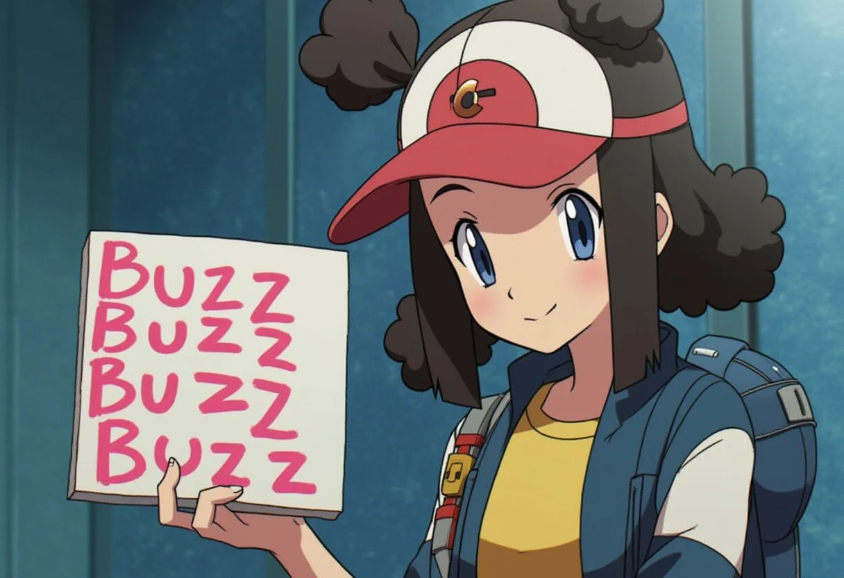 girl from pokemon series holding sign it say BUZZ BUZZ BUZZ" ,