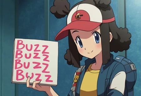 girl from pokemon series holding sign it say BUZZ BUZZ BUZZ" ,