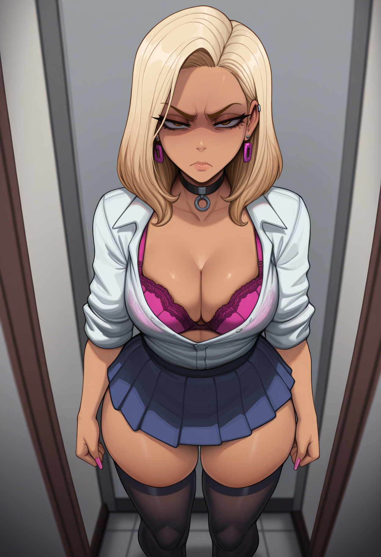 masterpiece, best quality, uncensored,
 <lora:Picturd:1> 91ct0rd, 1girl, solo,standing, looking at viewer, disdain,blonde hair, medium hair, gyaru, medium breasts,school uniform, skindentation, cleavage, skirt, thighhighs, choker, earrings, sleeves rolled up, underwear, bra,