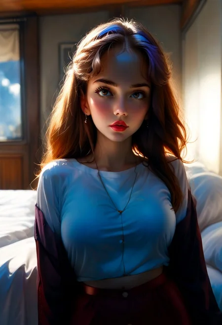 ,exquisite composition , skindentation, No post-production manipulation, Split toning, (ray tracing :1.2),(Rembrandt lighting ), (Starry night effect:1.4),( (darker shadows :1.2) , (anime style), (only one light point:1.2),Subject separation, lay on bed, depth of field, solo, on bed room,long hair, full lips , anointing face,,,very close shot, white shirt ,Neckline, (taking a selfie :1.4)(side lighting)