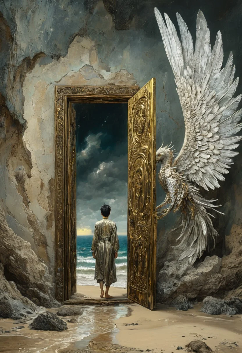 highly detailed, high quality, digital illustration, intricate details, light reflection, trending on artstation, volumetric lighting, her form a poignant juxtaposition of delicate beauty and the encroaching decay. Her wings, once crafted from polished chrome and shimmering titanium, are now tarnished and broken, 
A man with an opening door on a beach with water that come closely. Cool. Utopia. High tech Asian style. 
Ink, Charcoal and colourful oil pastels. impressionistic bidimensional. faded watercolours (Klimt :1.2) style of Andreas Achenbach, midjourneyv6.1, klimt style, gold