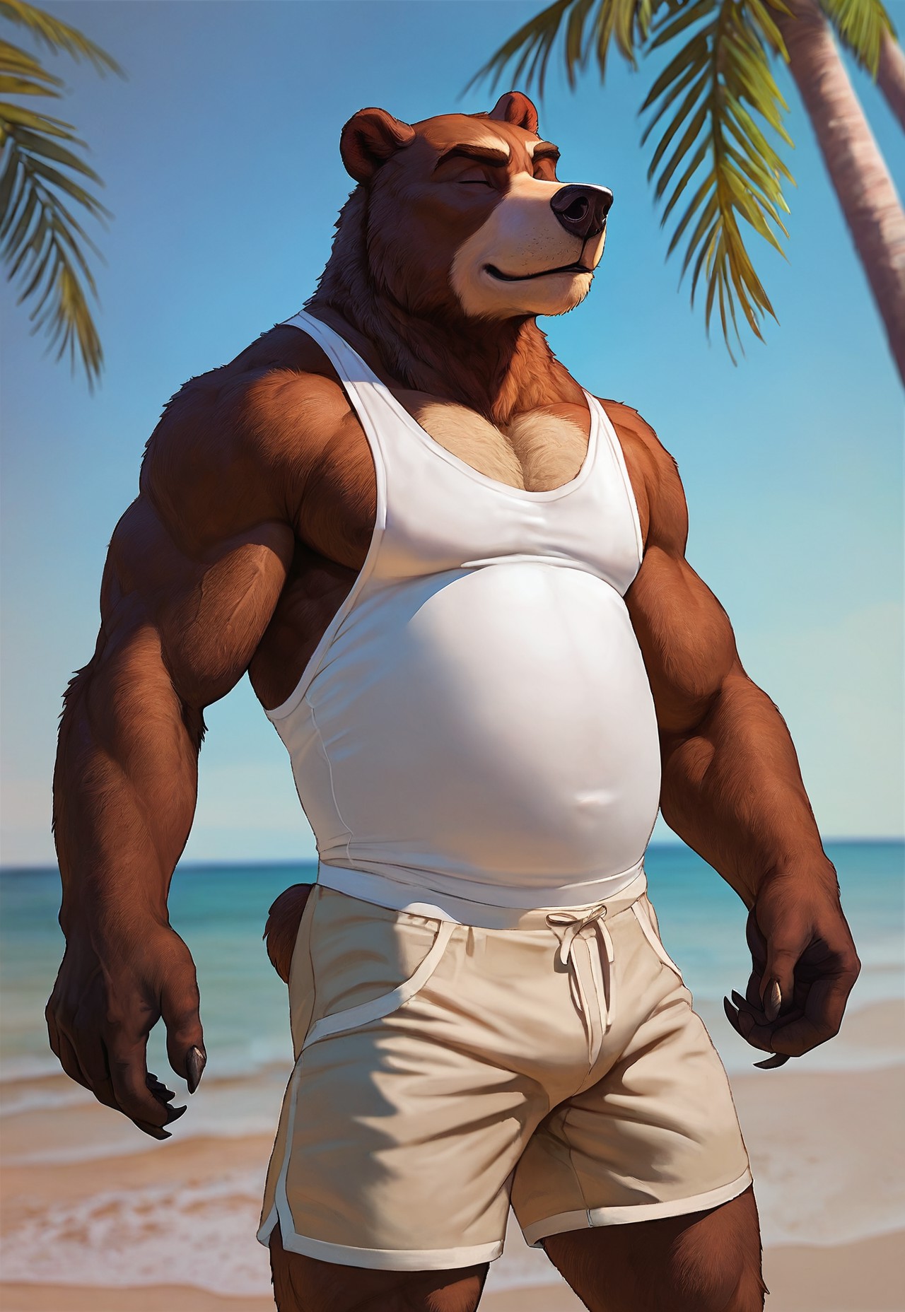 safe_pos, (Furry), solo, brown bear, 3/4 angle, male, man, furry male, handsome, ((masculine)), mature, defined, confident, inviting, relaxed, bear tail, bear head, bear face, fuzzy fur, short fur, muscle gut, chubby, bara, muscle gut, heavy build, large, muscles, cocky expression,

standing, wearing baggy shorts, wearing white tank top, pinup, flirty,

palm trees, sunny, warm, beach, ocean in background, 

ray tracing, photo realistic, good shadows, score_9, score_8_up, score_7_up,