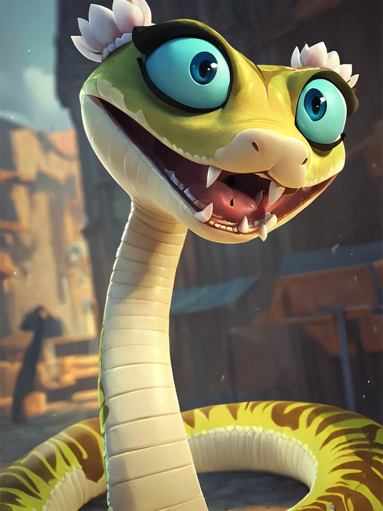 <lora:ViperPony1.1:0.75> viperkfp, snake, 1girl,solo, solo focus, furry, solo, blue eyes, animal focus, looking at viewer,furry female, fangs, score_9, score_8_up, score_7_up, score_6_up