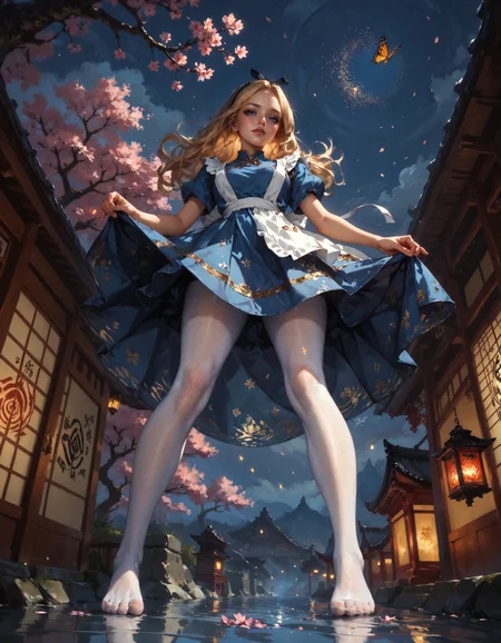 score_9, score_8_up, score_7_up, score_6_up, score_5_up, score_4_up,   solo, 1girl, alicewaifu, blue eyes, blue dress, white pantyhose, apron, black hairband, blonde, (view from below:1.2), (windy, upskirt1.2), golden butterflies, seductive, curvy, full body, legs, feet, very beautiful, black trim, japanese garden, fantasy, cherry blossoms, epic, highly detailed, black and red theme, candlelight, night, dark, soft lighting, golden particles