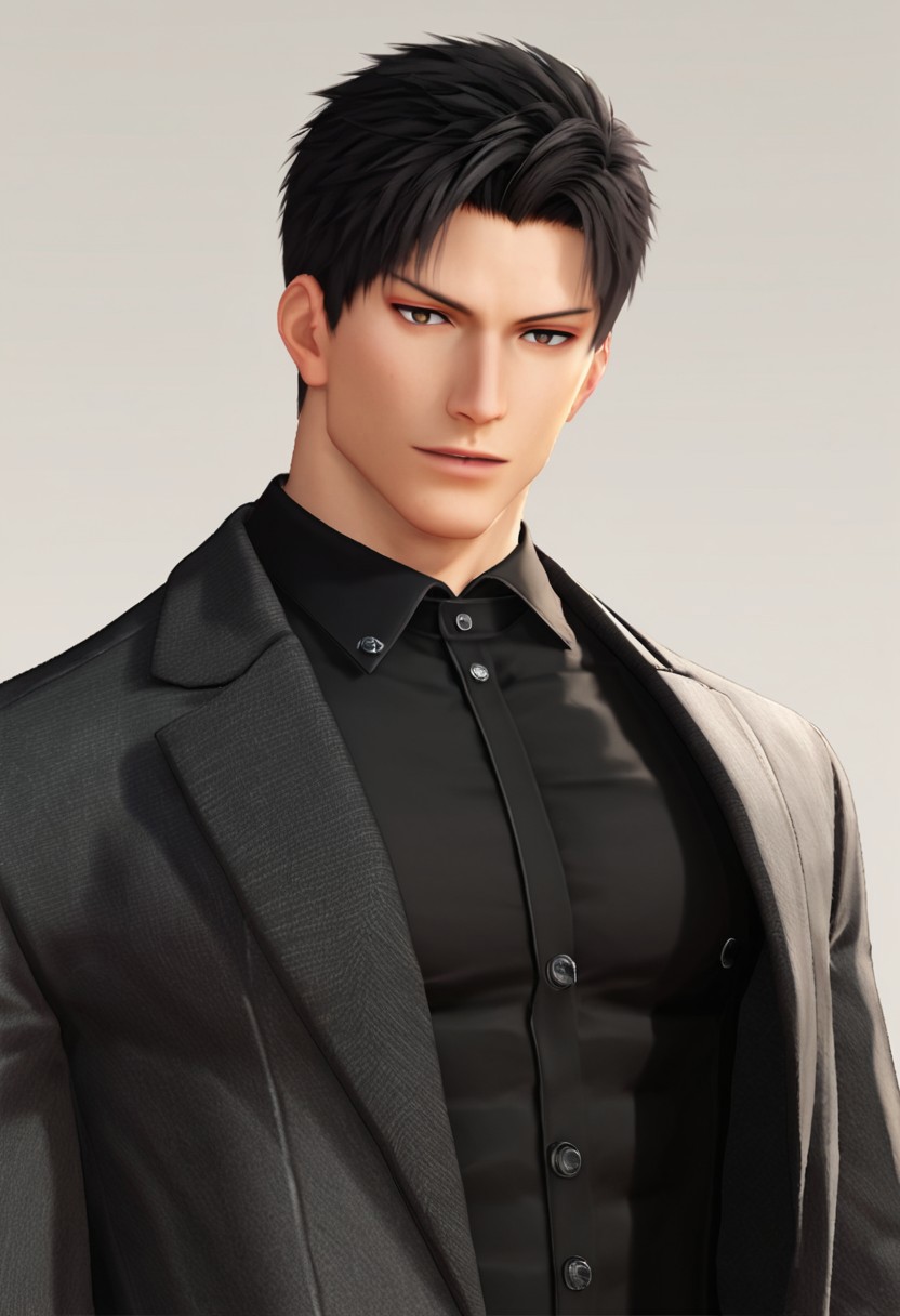 score_9, Artist7p, slicked hair, solo, short hair, open shirt, black hair, daddy, hair, handsome, suit, black shirt, male focus, style