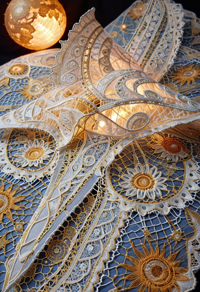 lazypos,high quality,masterpiece,ultra-high resolution,incredible composition,extremely detailed, 
madeoflace, surreal spaceship crafted from delicate lace, lace solar sails unfurled in glowing galactic winds, orbiting a planet made of soft embroidery