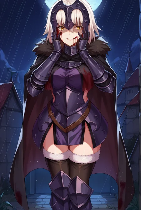 score_9, score_8_up, score_7_up, score_6_up,score_5_up,score_4_up, source_anime BREAK 1girl, solo, cowboy shot, <lora:Jeanne_Darc_Alter_Sdxl-09:1>, Jeanne_Armored, white hair, short hair, yellow eyes, headpiece, black armor, breastplate, short dress, armored skirt, vambraces, underbust, metal collar, fur-trimmed capelet, cloak, belt, scabbard, thighhighs, armored boots, thighhighs under boots, blood on clothes, large breasts, wide hips, outdoors, battlefield, medieval, night, moon, rain, hands on own face, blood on face, shaded face, grin,