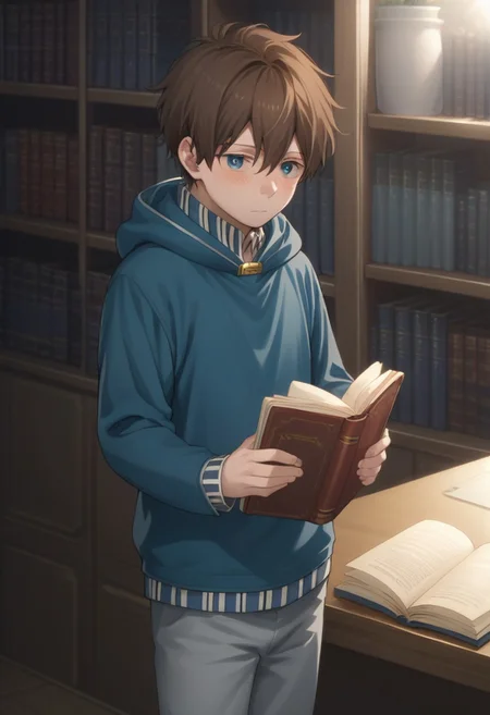 score_9, score_8_up, score_7_up, source_anime, highly detailed,
ryuu, 1boy, solo, male focus, book, boots, holding book, holding, brown hair, blue eyes, blush, pants, open book, grey pants, long sleeves, hood, hoodie, blue hoodie,
indoor,library,