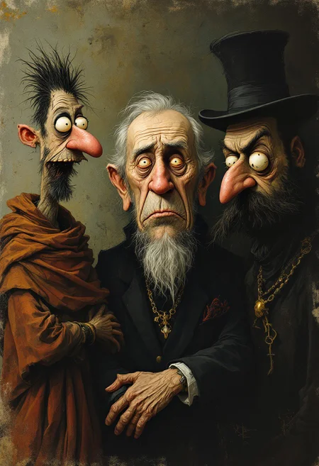 mind, honor and conscience, three funny figures, caricature funny in the style of sergio toppi and leonora carrington