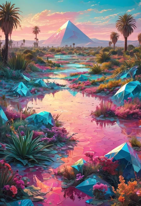 A vast alien oasis set in a surreal landscape where geometric shapes dominate the scenery. Massive, crystalline pyramids in shades of turquoise, magenta, and gold rise from the ground, reflecting the light in dazzling patterns. The ground is a patchwork of colorful tiles in various shapes—triangles, hexagons, and circles—creating a vibrant mosaic. Lush, alien vegetation with iridescent leaves and flowers in a riot of colors surrounds the oasis, while a sky filled with swirling clouds of pink, green, and blue adds to the dreamlike atmosphere.
style of greg rutkowski,janek sedlar,jenny saville:0]  <lora:vivid_everclear:0.35>  <lora:Sinozick:0.35>  <lora:MJ52:0.35>