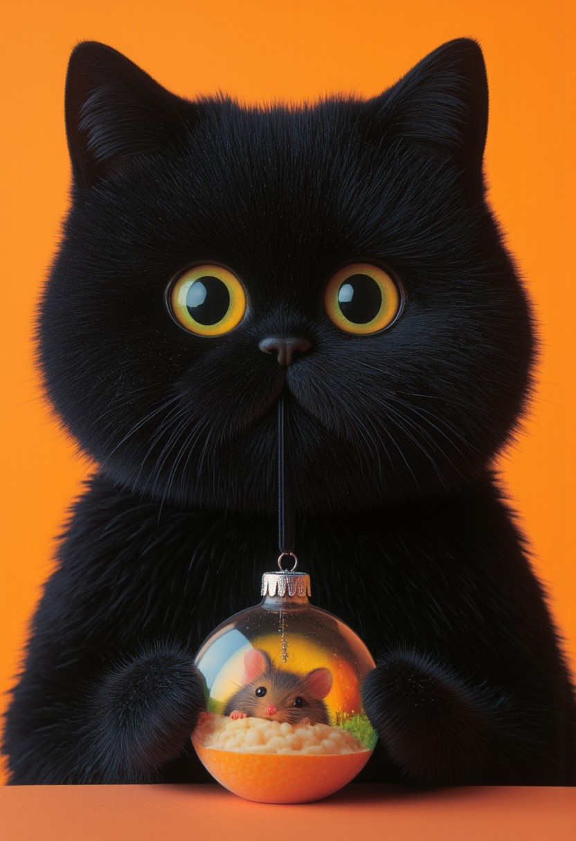 A delightful and dynamic scene featuring a thick, black, fluffy cat caught mid-mischief, holding a delicate Christmas ornament between its soft yet firm paws. The glass sphere gleams faintly in the warm light, revealing a tiny, artistically painted mouse inside—its expression frozen in a mix of shock and confusion, as though startled by its unexpected predicament. The ornament's thin ribbon dangles loosely between the cat’s claws, suggesting it has just been plucked from its place.
The cat’s large, golden-green eyes are wide with a mix of surprise and guilt, giving the impression that it knows it’s been caught red-pawed. Its dense, velvety fur absorbs the soft, directional light, while subtle highlights trace the contours of its whiskers, rounded cheeks, and tufted ears. The background remains a warm, vibrant orange, casting a cheerful glow that contrasts playfully with the scene’s sense of mischief.
The cat’s posture is lively, its paws clutching the ornament tightly, as if unsure whether to let it go or run off with its prize. The ornament itself is intricately detailed, its painted surface glinting softly, with the tiny mouse inside appearing as though it could come to life at any moment. The atmosphere is whimsical and humorous, capturing the playful spirit of the holidays in a moment that feels both spontaneous and full of personality.