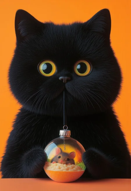 A delightful and dynamic scene featuring a thick, black, fluffy cat caught mid-mischief, holding a delicate Christmas ornament between its soft yet firm paws. The glass sphere gleams faintly in the warm light, revealing a tiny, artistically painted mouse inside—its expression frozen in a mix of shock and confusion, as though startled by its unexpected predicament. The ornament's thin ribbon dangles loosely between the cat’s claws, suggesting it has just been plucked from its place.
The cat’s large, golden-green eyes are wide with a mix of surprise and guilt, giving the impression that it knows it’s been caught red-pawed. Its dense, velvety fur absorbs the soft, directional light, while subtle highlights trace the contours of its whiskers, rounded cheeks, and tufted ears. The background remains a warm, vibrant orange, casting a cheerful glow that contrasts playfully with the scene’s sense of mischief.
The cat’s posture is lively, its paws clutching the ornament tightly, as if unsure whether to let it go or run off with its prize. The ornament itself is intricately detailed, its painted surface glinting softly, with the tiny mouse inside appearing as though it could come to life at any moment. The atmosphere is whimsical and humorous, capturing the playful spirit of the holidays in a moment that feels both spontaneous and full of personality.