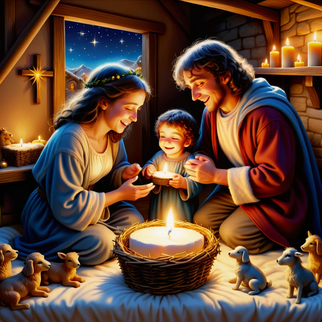 hyper detailed masterpiece, dynamic realistic digital art, awesome quality, cozy and warm scenes, tiny tim, nativity scene, filled with joy and laughter,heartfelt and sentimental,peaceful and serene, candles, exchanging gifts