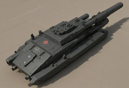 Futuristic main battle tank, sleek and angular design, multiple viewing angles:
Front view: Heavy armor plating, massive laser cannon, secondary machine guns, advanced sensor array, commander's hatch with periscope and remote weapon station
Side view: Tracked propulsion system, hydraulic arms for stabilizing the tank, smoke grenade launchers, communications antenna, access hatches for the crew
Rear view: Engine exhaust ports, storage compartments for ammunition and supplies, emergency escape hatch, spare track sections, tow cable attachment point
Top view: Turret with main gun, commander's cupola, loader's hatch, gunner's sight, radar and laser rangefinder, drone deployment system
Interior view: Advanced control panels, holographic displays, crew stations for the commander, gunner, and driver, life support systems, ballistic shielding, emergency power supply