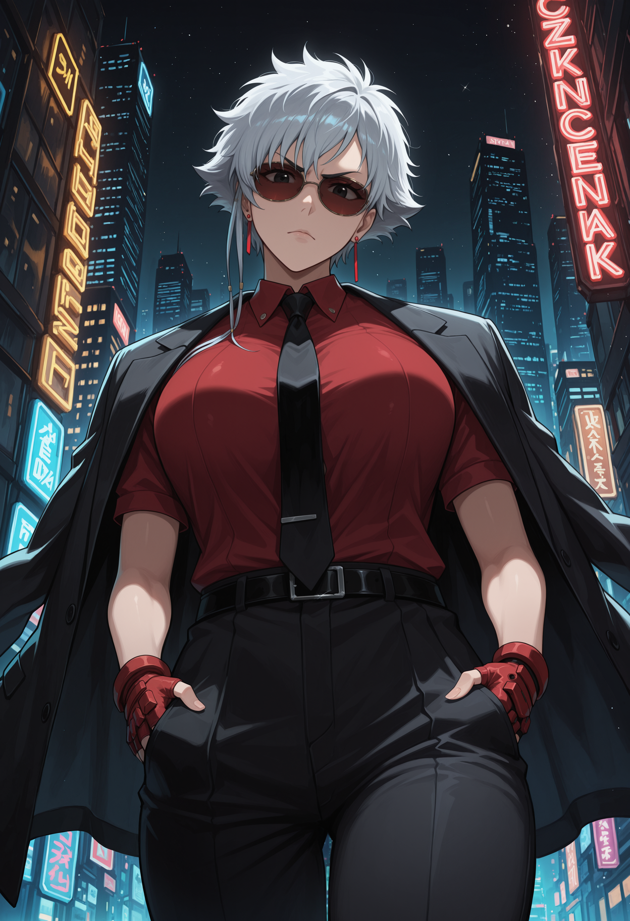 masterpiece, best quality, highres, absurdres, very awa, 1girl, solo, is4ne, silver hair, short hair with long locks, large breasts, earrings, red shirt, collared shirt, suit, black jacket, short sleeves, (jacket on shoulders:1.2), sunglasses, red hairband, sparkle, outdoors, city, cyberpunk, hands in pockets, head tilt, black eyes, black pants, black belt, black necktie, red gloves, fingerless gloves, night, city lights, neon lights, skyscraper, from below, looking at viewer, v-shaped eyebrows, closed mouth