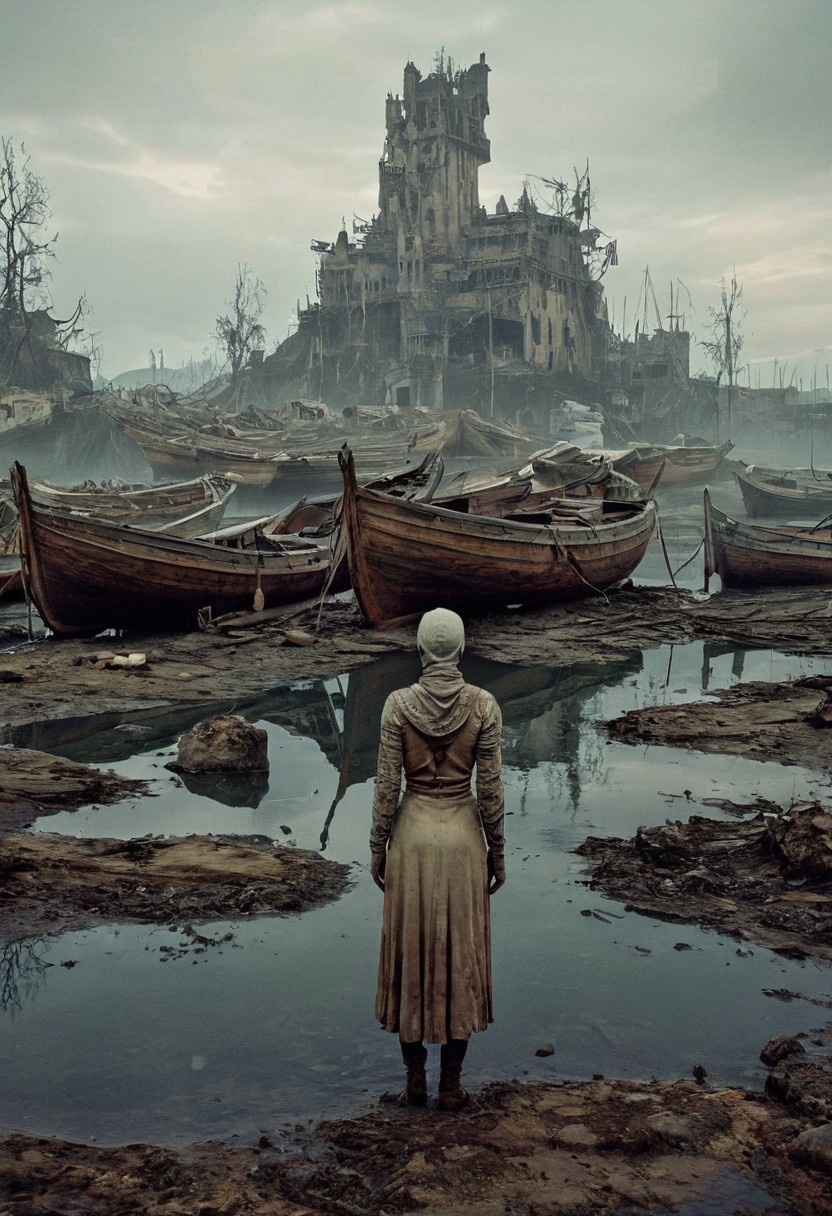 boats stand as silent monuments in a world drained of water. The composition includes beautiful, full-body, digital illustration of a character in the style of darkness, in-game Pathologic 2, Dark Souls concept art, and ink, illustrated by herge, Full skull arm tattoos young white woman,  elegant, expansive, fantastical, film photography style,  medium grain, FRESHIDESH Moebius comic book