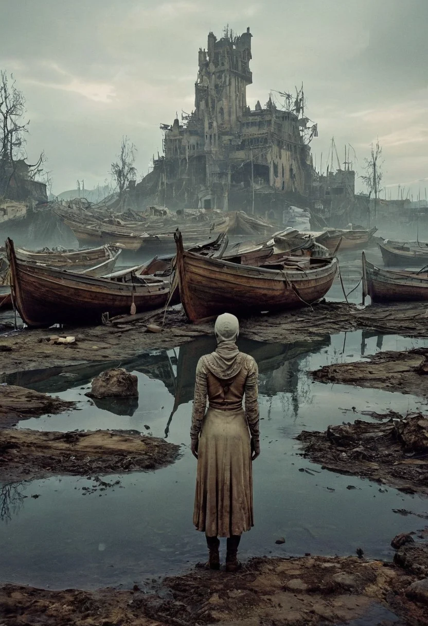 boats stand as silent monuments in a world drained of water. The composition includes beautiful, full-body, digital illustration of a character in the style of darkness, in-game Pathologic 2, Dark Souls concept art, and ink, illustrated by herge, Full skull arm tattoos young white woman, elegant, expansive, fantastical, film photography style, medium grain, FRESHIDESH Moebius comic book