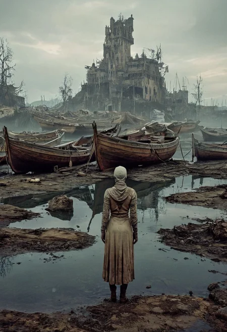 boats stand as silent monuments in a world drained of water. The composition includes beautiful, full-body, digital illustration of a character in the style of darkness, in-game Pathologic 2, Dark Souls concept art, and ink, illustrated by herge, Full skull arm tattoos young white woman,  elegant, expansive, fantastical, film photography style,  medium grain, FRESHIDESH Moebius comic book